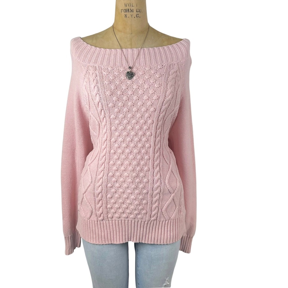Coquette Chaps Sweater Off Shoulder Cable Knit Preppy Academia Layering Size L
